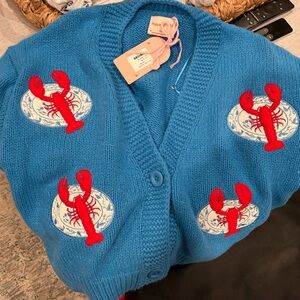 Vibrant Blue Women's Cardigan with Lobster Design